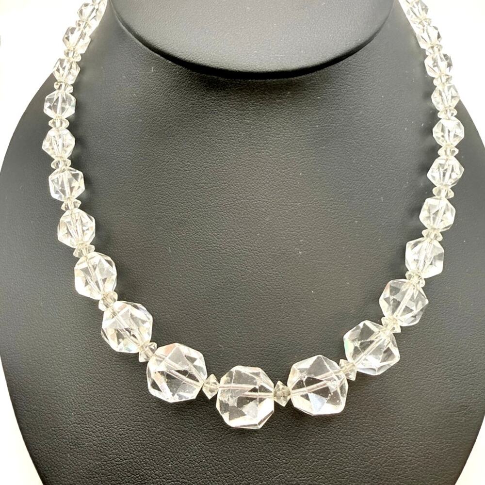 antique 1920s Art Deco Faceted Clear Crystal Graduated Bead Necklace 10K GF 17"
